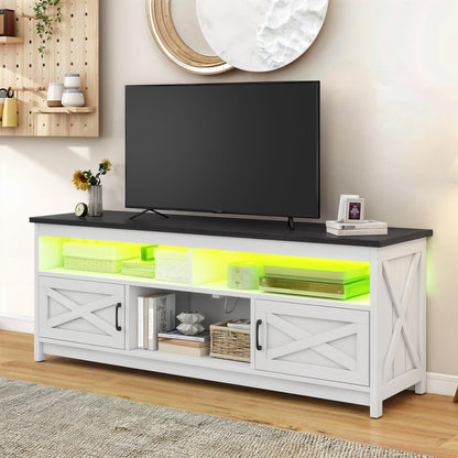 Meuble TV Farmhouse pouvant accueillir jusqu'à 65 téléviseurs avec portes et étagères ouvertes Console multimédia Prise de courant