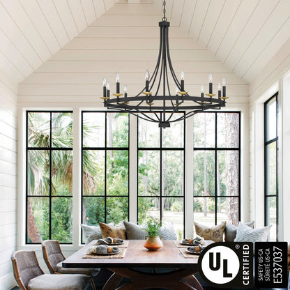 Lustre Empire à 12 lumières de style ferme moderne Fidenza avec roue de chariot et UL - D40'' * H135''
