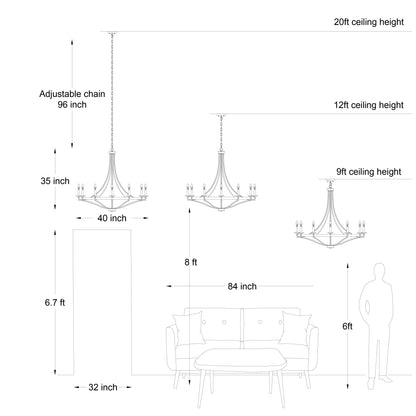 Lustre Empire à 12 lumières de style ferme moderne Fidenza avec roue de chariot et UL - D40'' * H135''