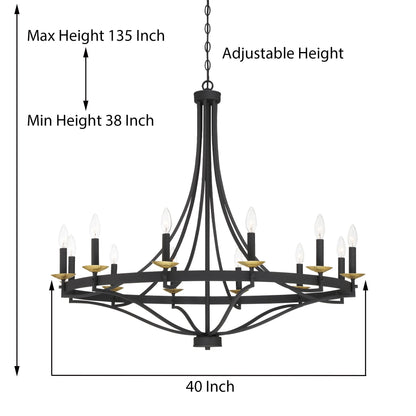 Lustre Empire à 12 lumières de style ferme moderne Fidenza avec roue de chariot et UL - D40'' * H135''