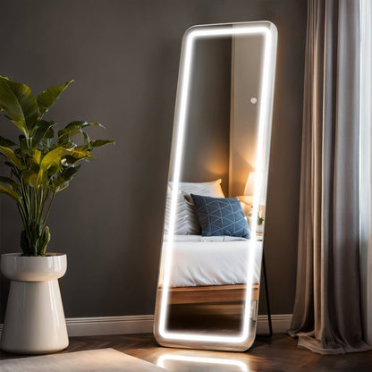Miroir de sol avec éclairage LED, 64 x 21, miroir pleine longueur avec support, miroir suspendu, miroir mural, miroir intégral