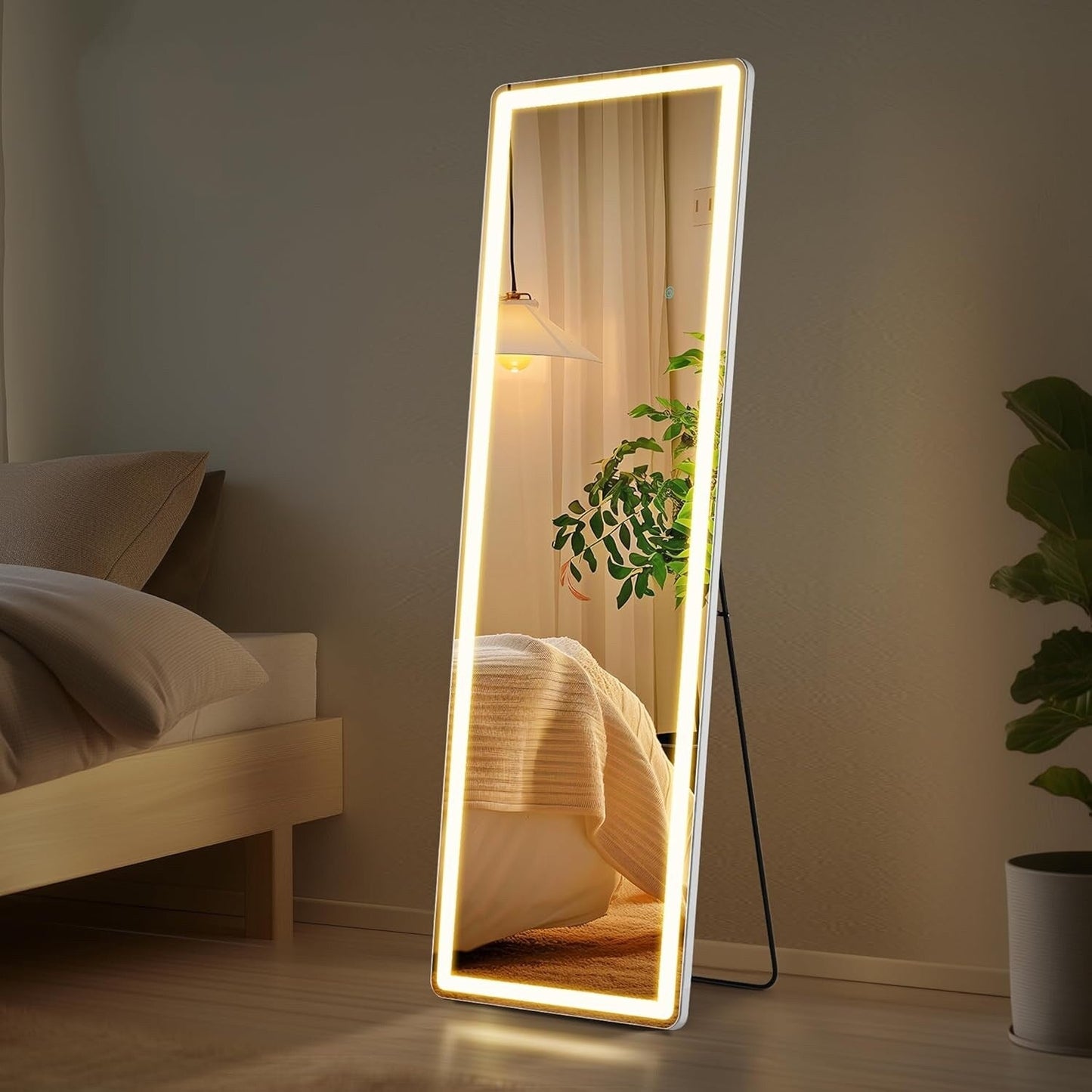 Miroir de sol avec éclairage LED, miroir pleine longueur 64 x 21 avec support, miroir suspendu, miroir mural, miroir intégral