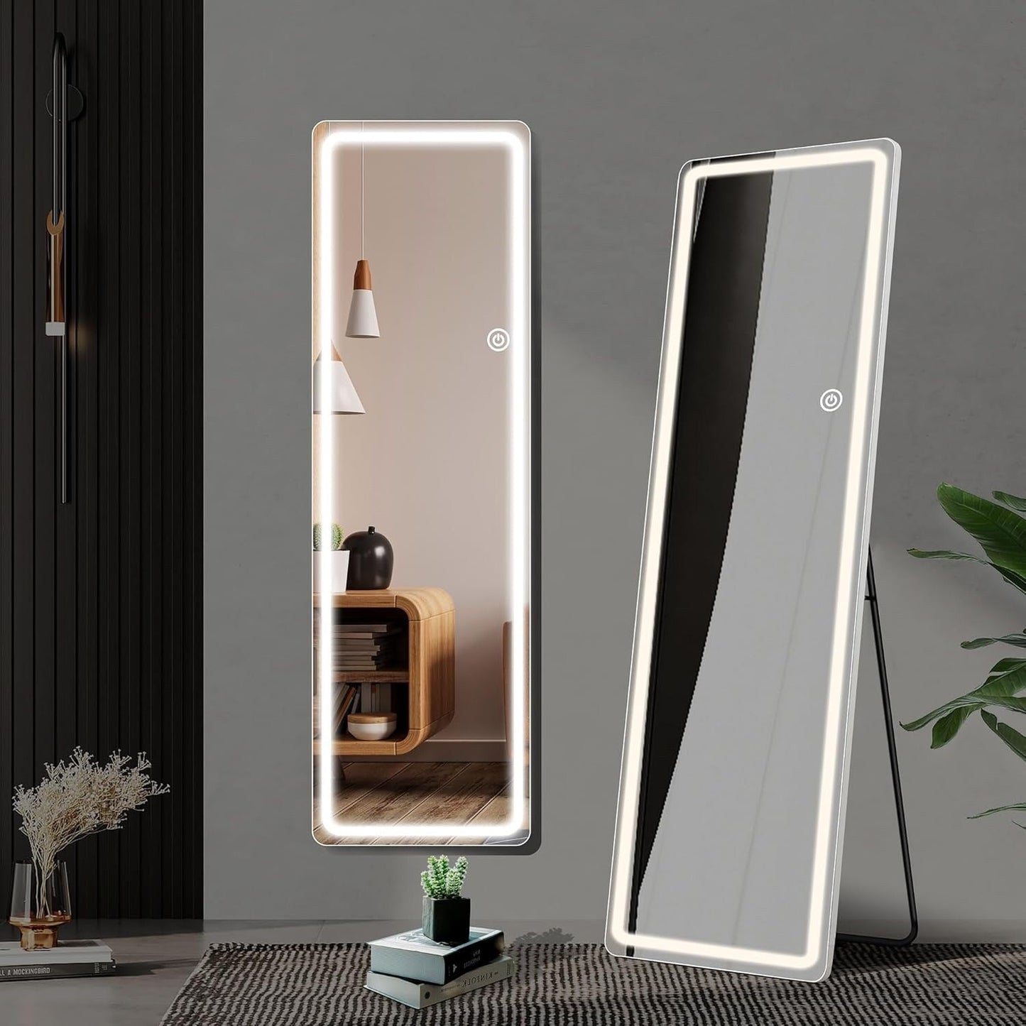 Miroir de sol avec éclairage LED, miroir pleine longueur 64 x 21 avec support, miroir suspendu, miroir mural, miroir intégral