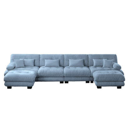 Canapé modulable 4 places en chenille avec 2 poufs et oreiller pour le salon