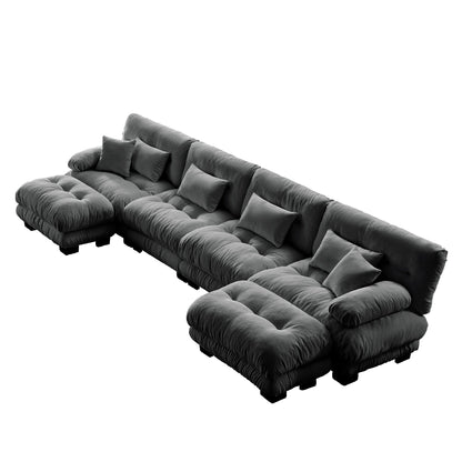 Canapé modulable 4 places en chenille avec 2 poufs et oreiller pour le salon
