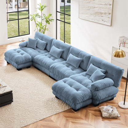 Canapé modulable 4 places en chenille avec 2 poufs et oreiller pour le salon