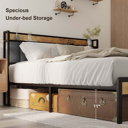 Cadre de lit plateforme en métal pour lit simple, double, queen ou king size avec tête de lit rembourrée et rangement