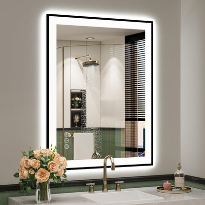 Miroir de salle de bain mural avec cadre en verre trempé antibuée et éclairage LED avant et arrière pleine grandeur