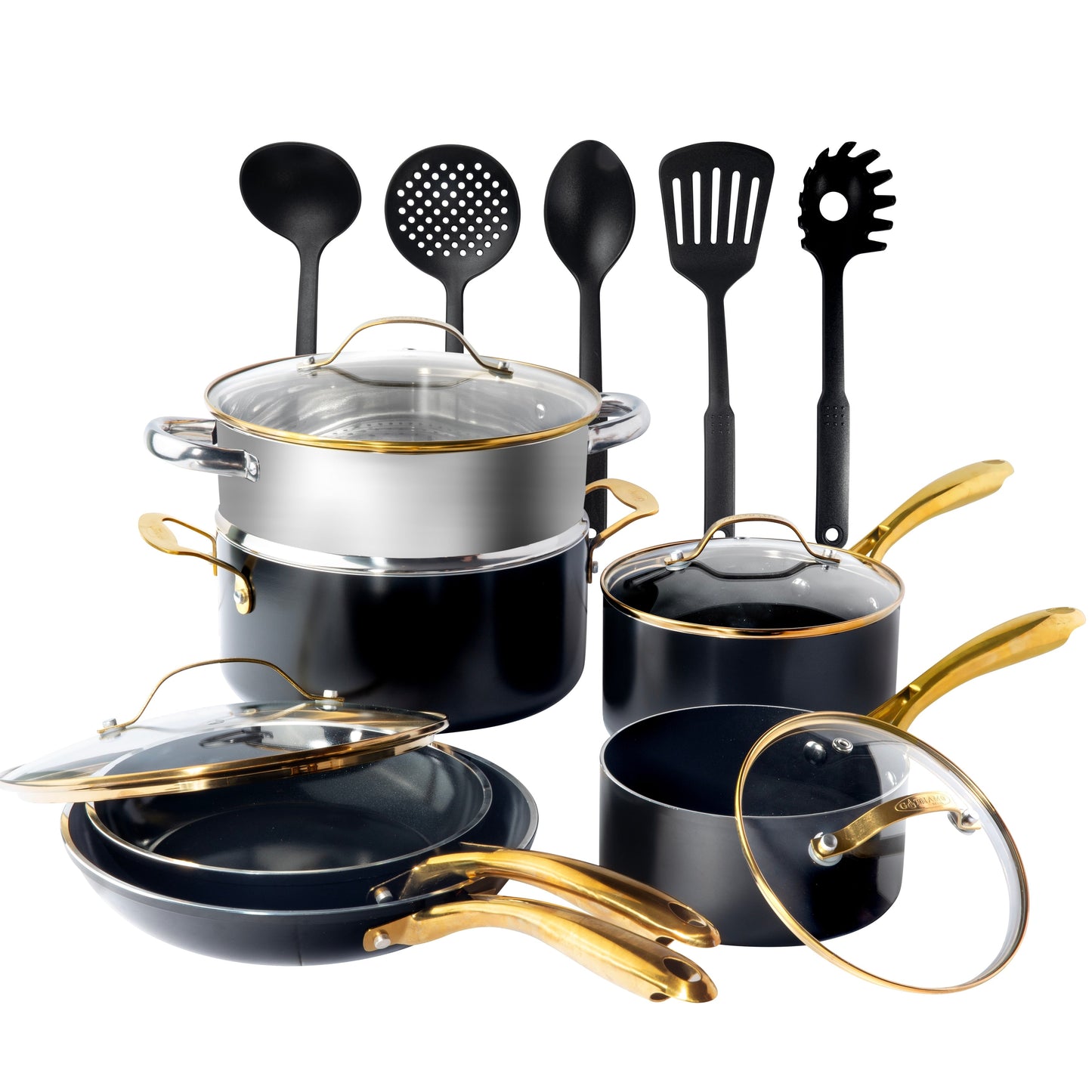 Batterie de cuisine antiadhésive en céramique noire Gotham Steel, 15 pièces, avec ustensiles