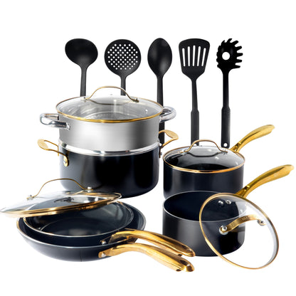 Batterie de cuisine antiadhésive en céramique noire Gotham Steel, 15 pièces, avec ustensiles