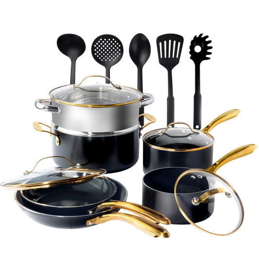 Batterie de cuisine antiadhésive en céramique noire Gotham Steel, 15 pièces, avec ustensiles