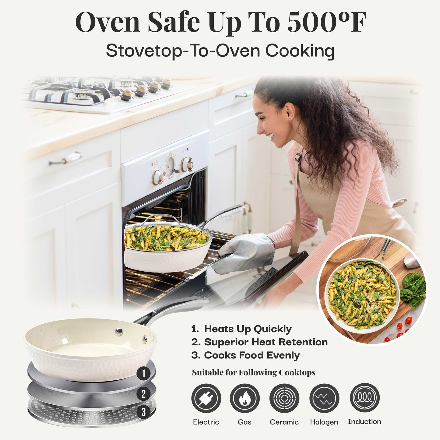 Batterie de cuisine antiadhésive en céramique ultra-résistante Gotham Steel Hammered Cream, 15 pièces, avec ustensiles