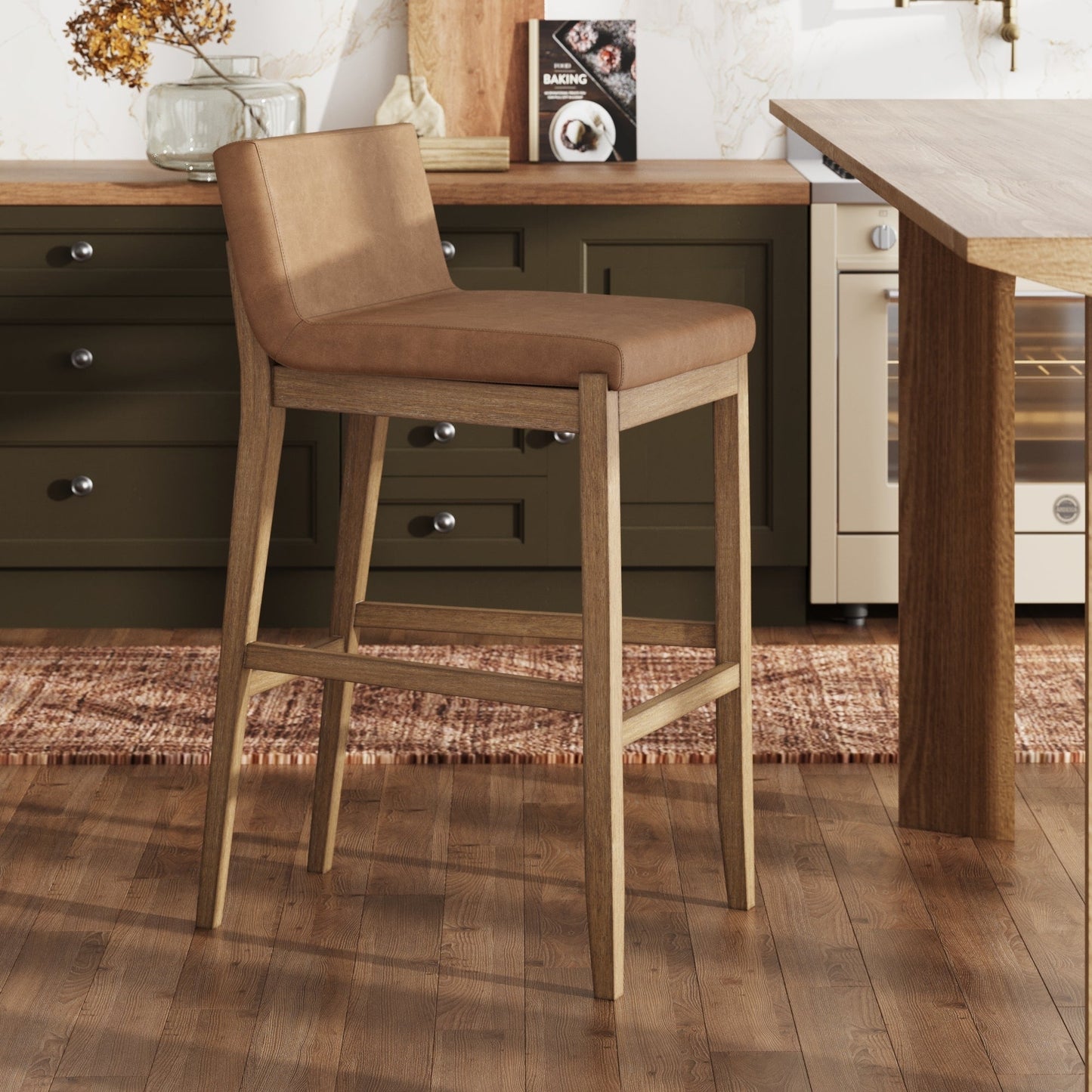 Tabouret de bar moderne Gracie, chaise rembourrée en boucle et pieds en bois brossé