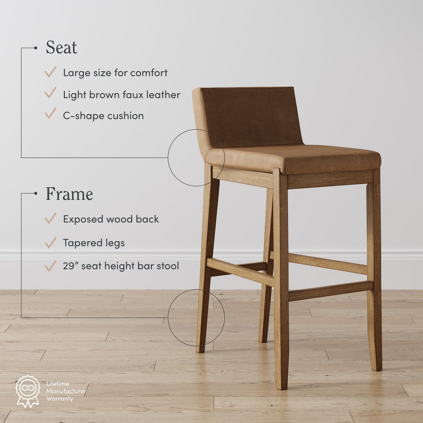 Tabouret de bar moderne Gracie, chaise rembourrée en boucle et pieds en bois brossé