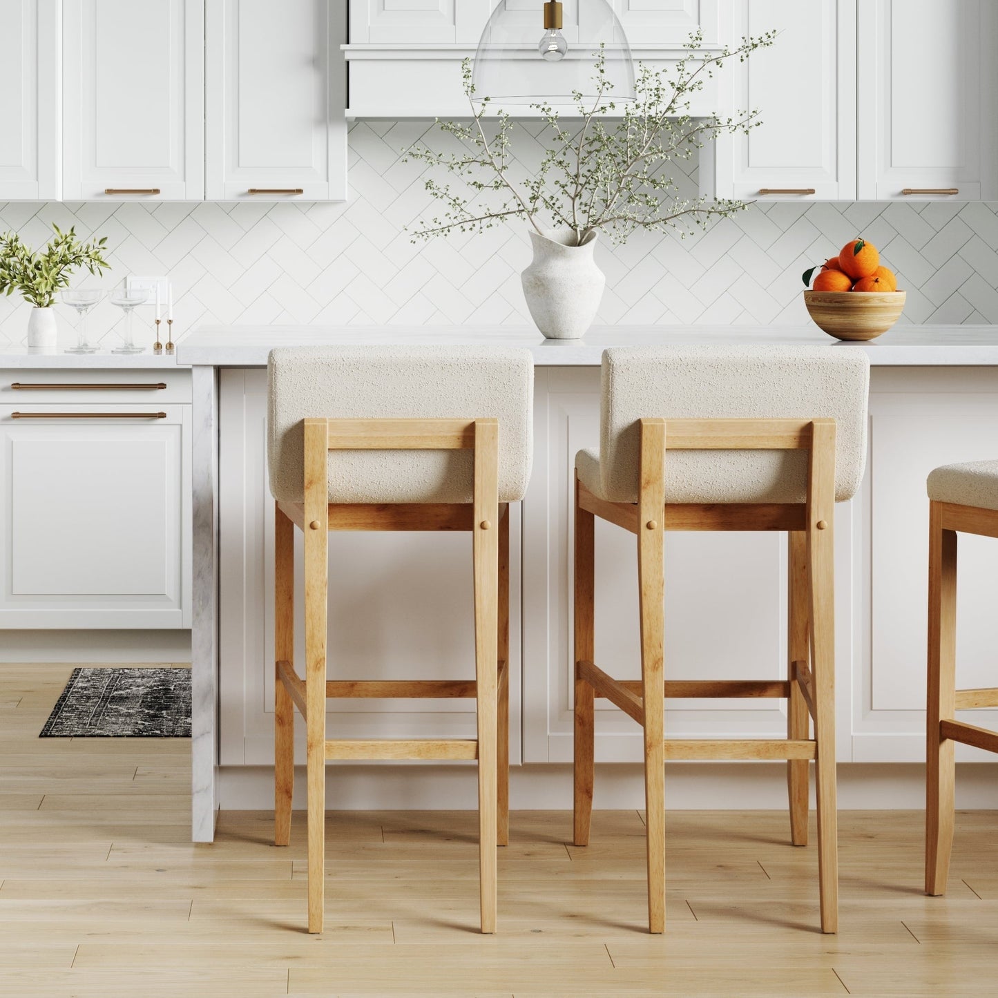 Tabouret de bar moderne Gracie, chaise rembourrée en boucle et pieds en bois brossé