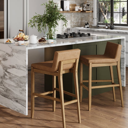 Tabouret de bar moderne Gracie, chaise rembourrée en boucle et pieds en bois brossé