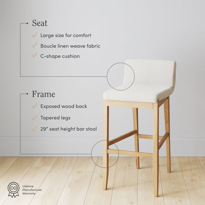 Tabouret de bar moderne Gracie, chaise rembourrée en boucle et pieds en bois brossé