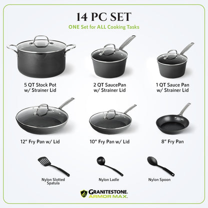 Batterie de cuisine anodisée dure Granitestone Armor Max 14 pièces