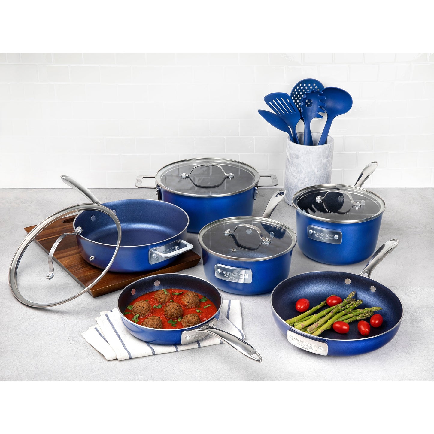 Batterie de cuisine antiadhésive Granitestone Blue Stackmaster 15 pièces avec couvercles en verre