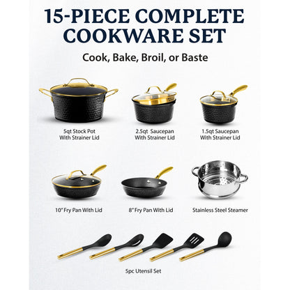 Batterie de cuisine antiadhésive martelée Granitestone Charleston 15 pièces
