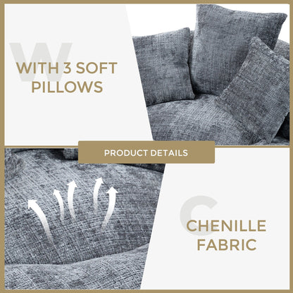 Canapé poire simple gris surdimensionné en chenille de 42,52 pouces avec trois oreillers pour chambre à coucher