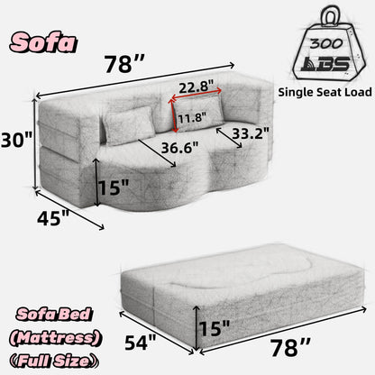 Canapé-lit convertible en tissu Teddy gris 78 pouces, garni de mousse, avec 2 oreillers et matelas pliant pour le salon
