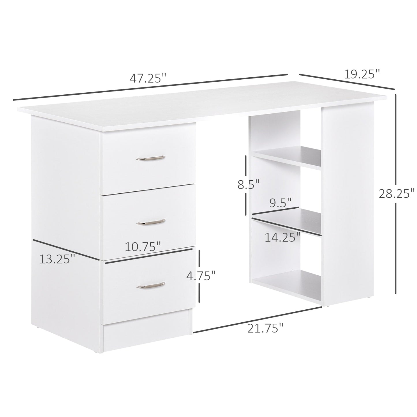 Bureau d'ordinateur moderne HOMCOM 47, bibliothèque, table d'écriture, poste de travail avec 3 tiroirs et étagère de rangement - Blanc