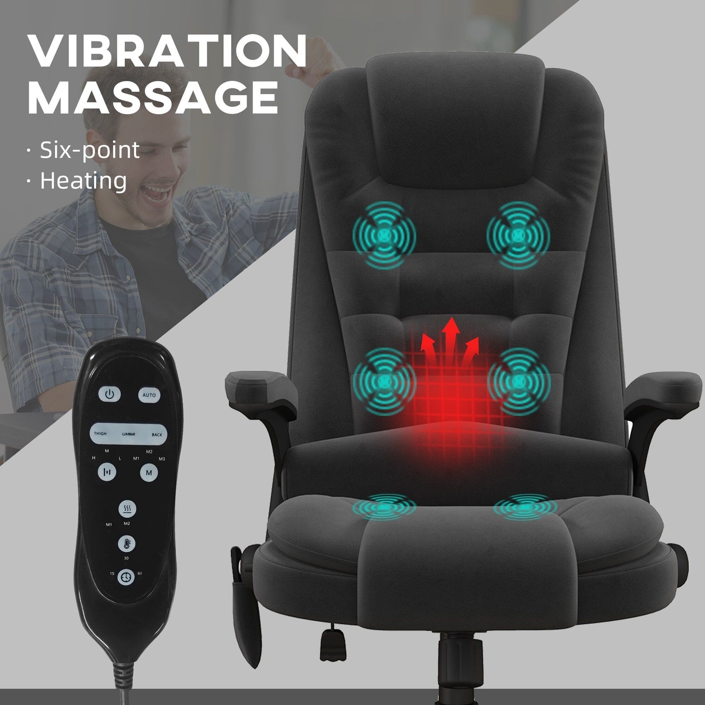 Fauteuil de bureau HOMCOM à 6 points de massage vibrant et chauffant, dossier haut en velours avec dossier inclinable
