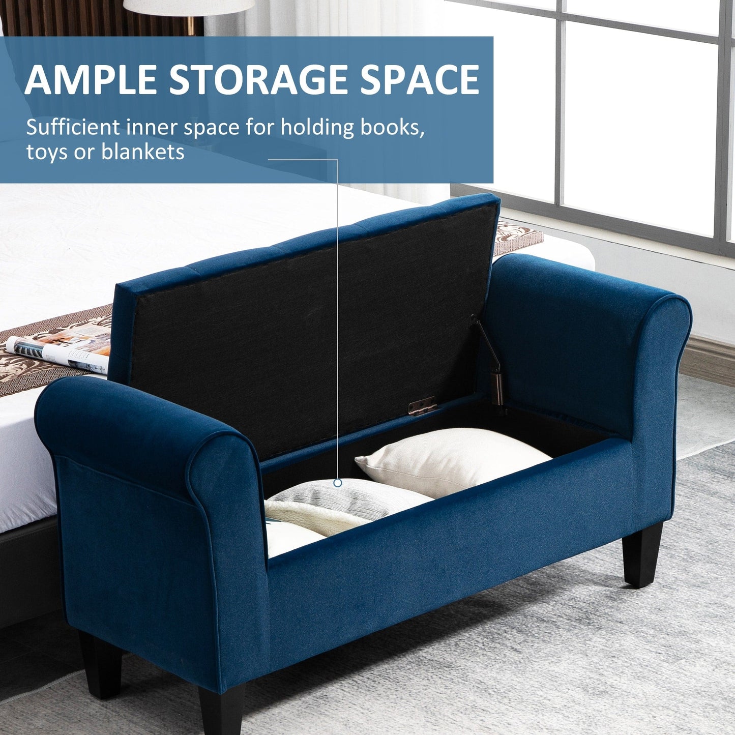 Banc ottoman de rangement capitonné HOMCOM, banc de lit rembourré avec accoudoirs roulés pour chambre, salon ou couloir
