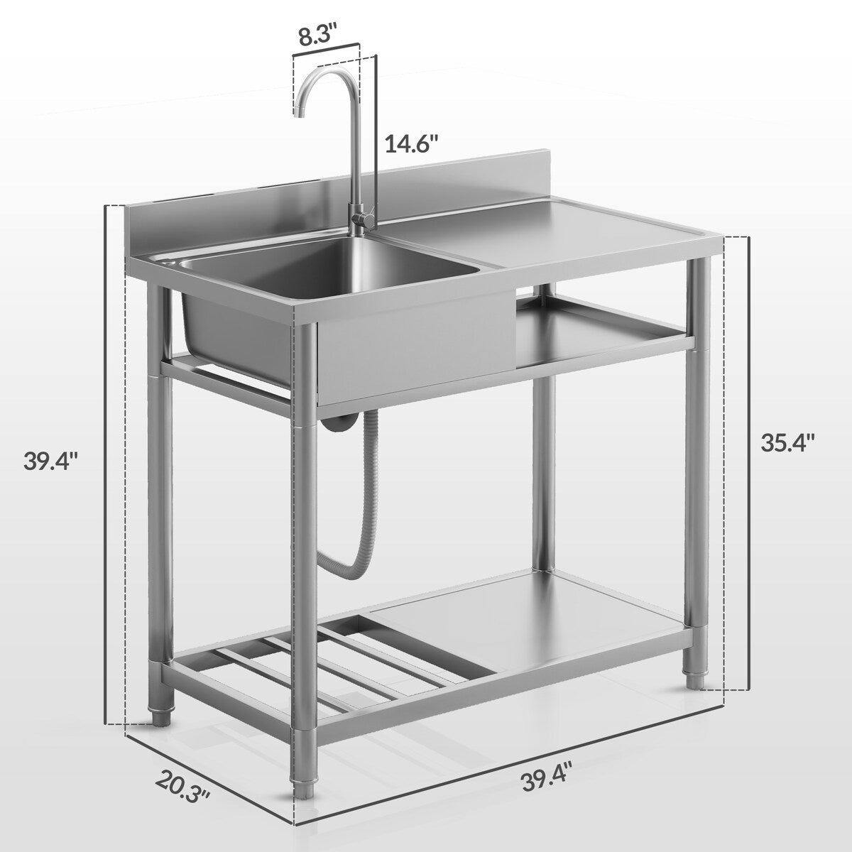 Évier utilitaire extérieur HOMCOM, évier profond en acier inoxydable, évier de cuisine autoportant à cuve unique, 39 pouces - 39 pouces
