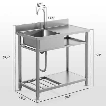 Évier utilitaire extérieur HOMCOM, évier profond en acier inoxydable, évier de cuisine autoportant à cuve unique, 39 pouces - 39 pouces