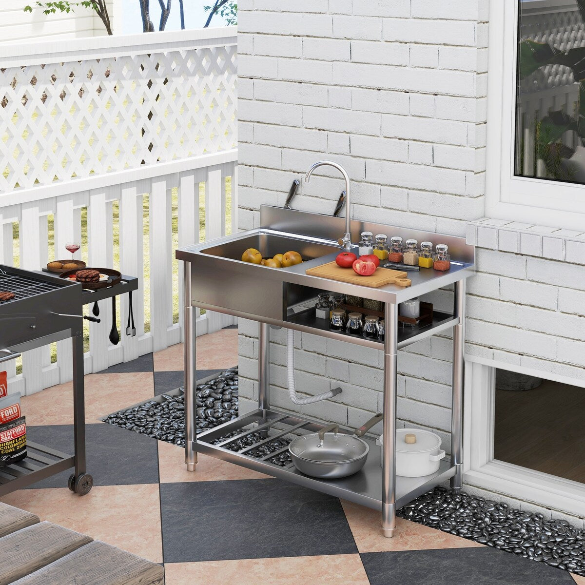 Évier utilitaire extérieur HOMCOM, évier profond en acier inoxydable, évier de cuisine autoportant à cuve unique, 39 pouces - 39 pouces