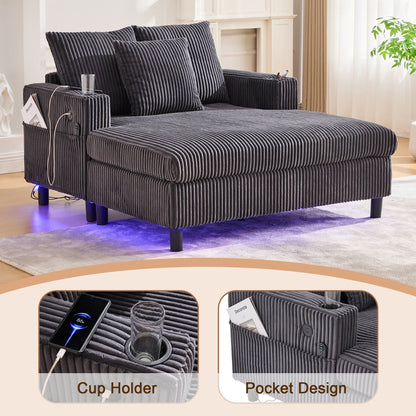 Canapé-lit inclinable surdimensionné HOMEFUN en velours côtelé avec éclairage LED RVB, porte-gobelet, port USB et 3 oreillers