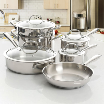 Batterie de cuisine robuste en acier inoxydable, 10 pièces