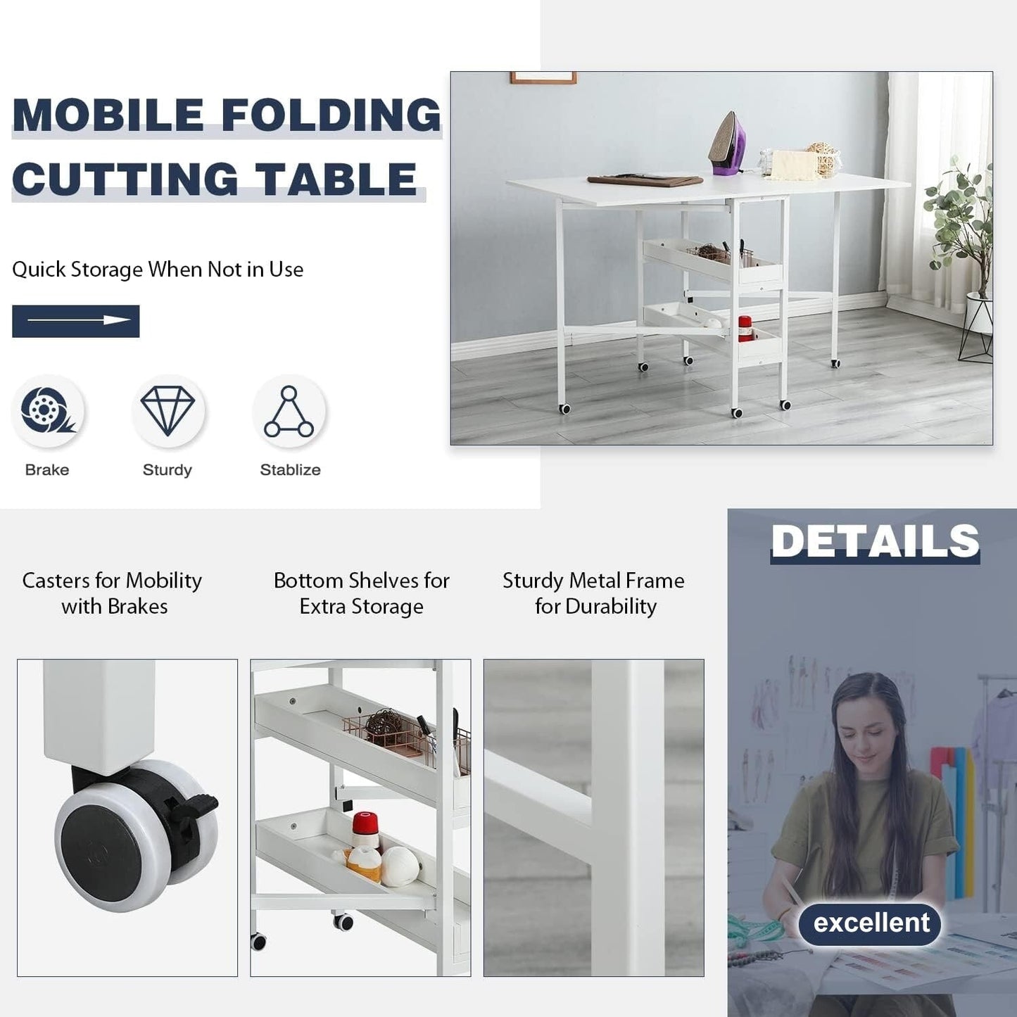 Table de bricolage réglable en hauteur avec étagères de rangement, table de découpe pliante mobile pour la maison, le bureau, la salle de couture, la salle d'artisanat