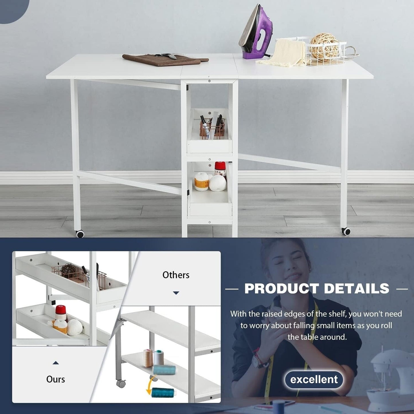 Table de bricolage réglable en hauteur avec étagères de rangement, table de découpe pliante mobile pour la maison, le bureau, la salle de couture, la salle d'artisanat