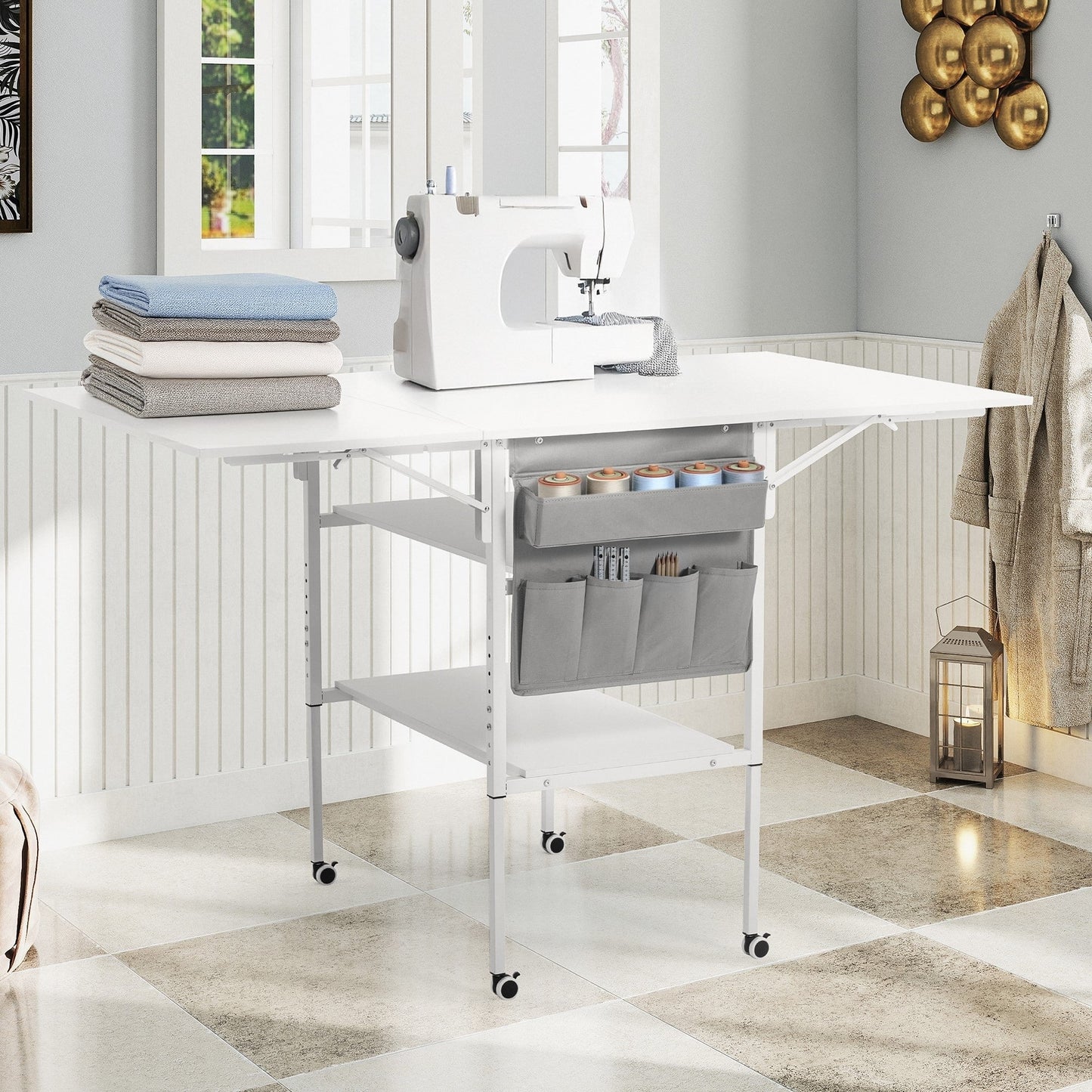 Table de bricolage réglable en hauteur avec étagères de rangement, table de découpe pliante mobile pour la maison, le bureau, la salle de couture, la salle d'artisanat