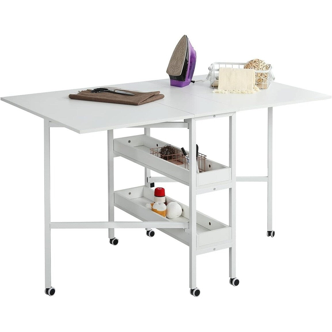Table de bricolage réglable en hauteur avec étagères de rangement, table de découpe pliante mobile pour la maison, le bureau, la salle de couture, la salle d'artisanat