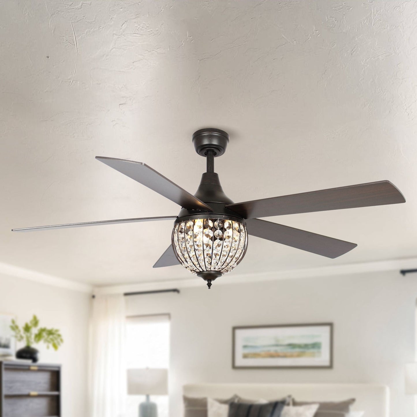 Ventilateur de plafond industriel en bois noir à 5 pales et cristal avec télécommande