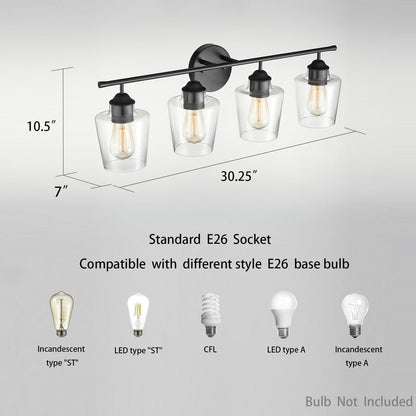 KAWOTI Lampe de salle de bain en métal à 4 lumières et abat-jour en verre à intensité variable