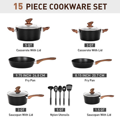 Batterie de cuisine antiadhésive de 15 pièces avec revêtement en granit Kitchen Academy