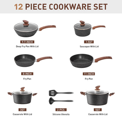 Batterie de cuisine antiadhésive, ensemble de 12 casseroles et poêles en granit