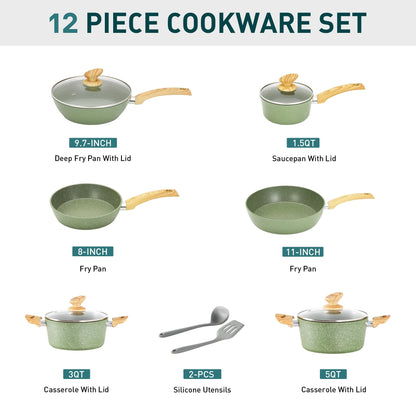 Batterie de cuisine antiadhésive, ensemble de 12 casseroles et poêles en granit