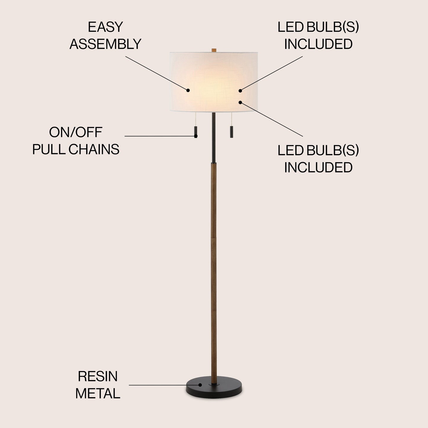 Lampe de sol à LED Koda 61 rustique en fer avec chandelier et chaînes de traction, finition bois marron/noir par JONATHAN Y