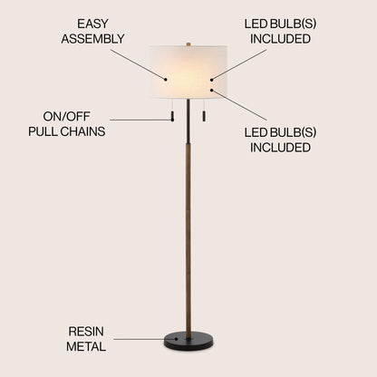 Lampe de sol à LED Koda 61 rustique en fer avec chandelier et chaînes de traction, finition bois marron/noir par JONATHAN Y
