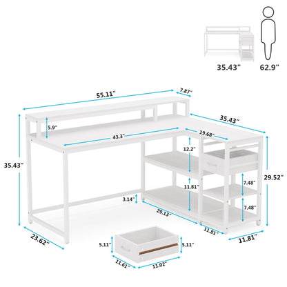 Bureau en L avec tiroir, bureau d'angle avec étagères de rangement et support d'écran, bureau PC rustique pour petits espaces