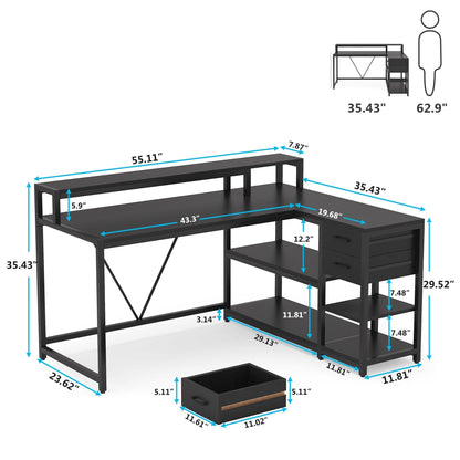 Bureau en L avec tiroir, bureau d'angle avec étagères de rangement et support d'écran, bureau PC rustique pour petits espaces