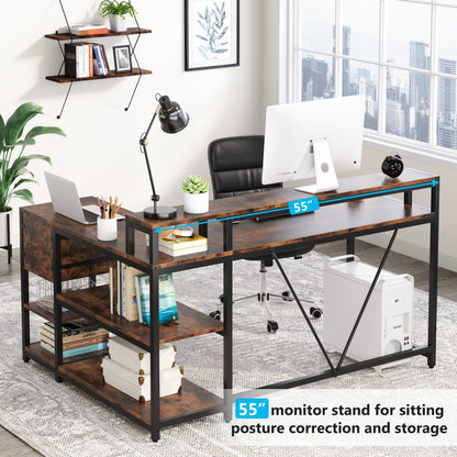 Bureau en L avec tiroir, bureau d'angle avec étagères de rangement et support d'écran, bureau PC rustique pour petits espaces