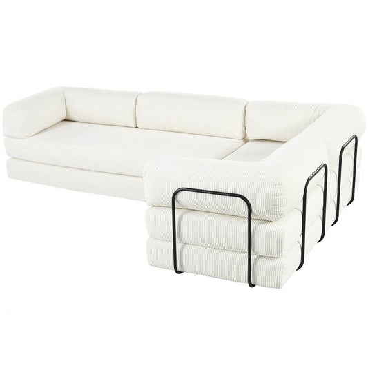 Canapé-lit modulaire en L en tissu velours côtelé
