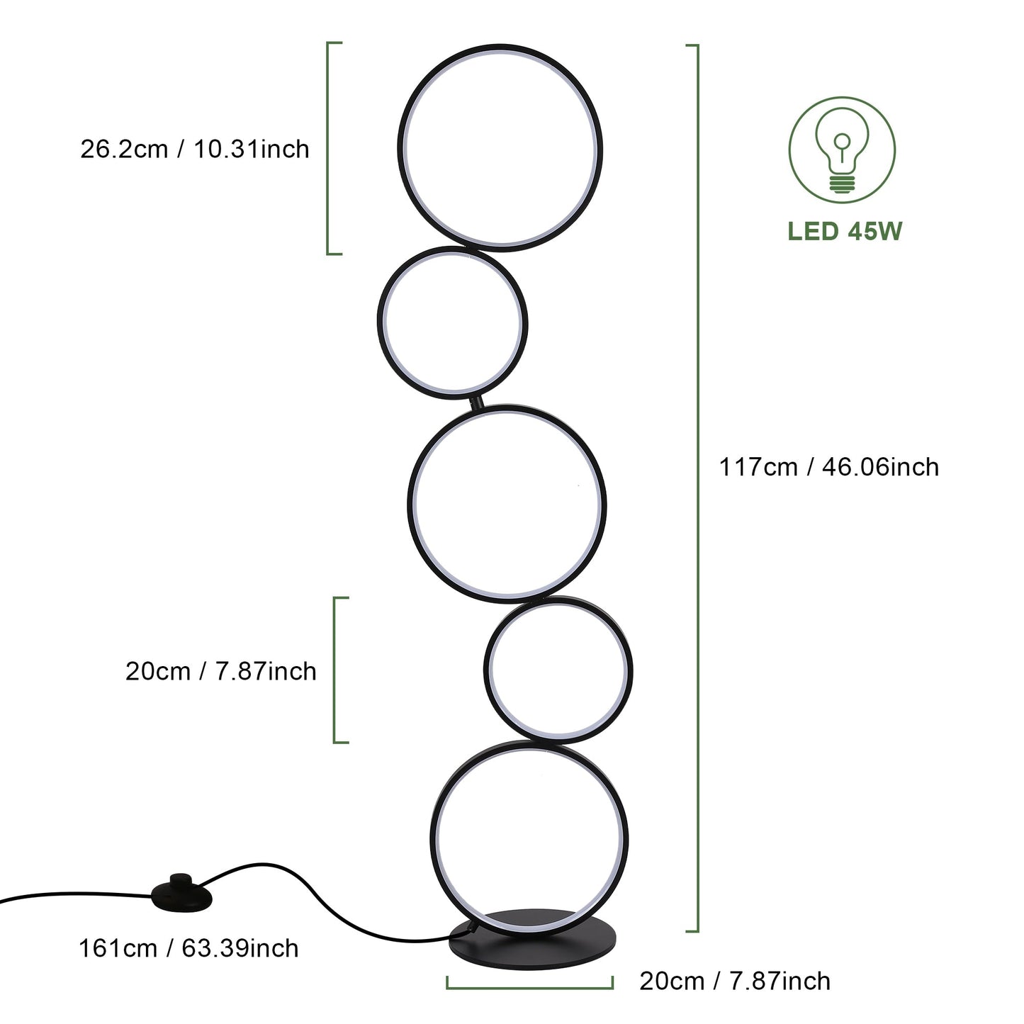 Lampadaire LED moderne à intensité variable, lampe d'angle lumineuse à 3 voies avec 5 anneaux pour salon